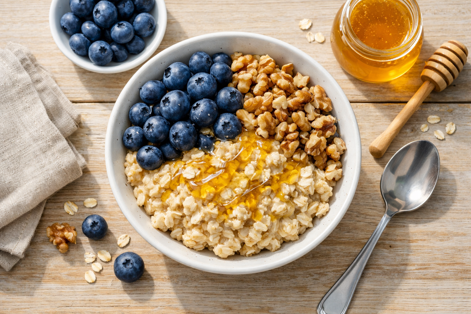 Top view of a wholesome breakfast bowl with oats, fresh blueberries, walnuts and honey on a light wooden table, natural morning light, healthy lifestyle concept