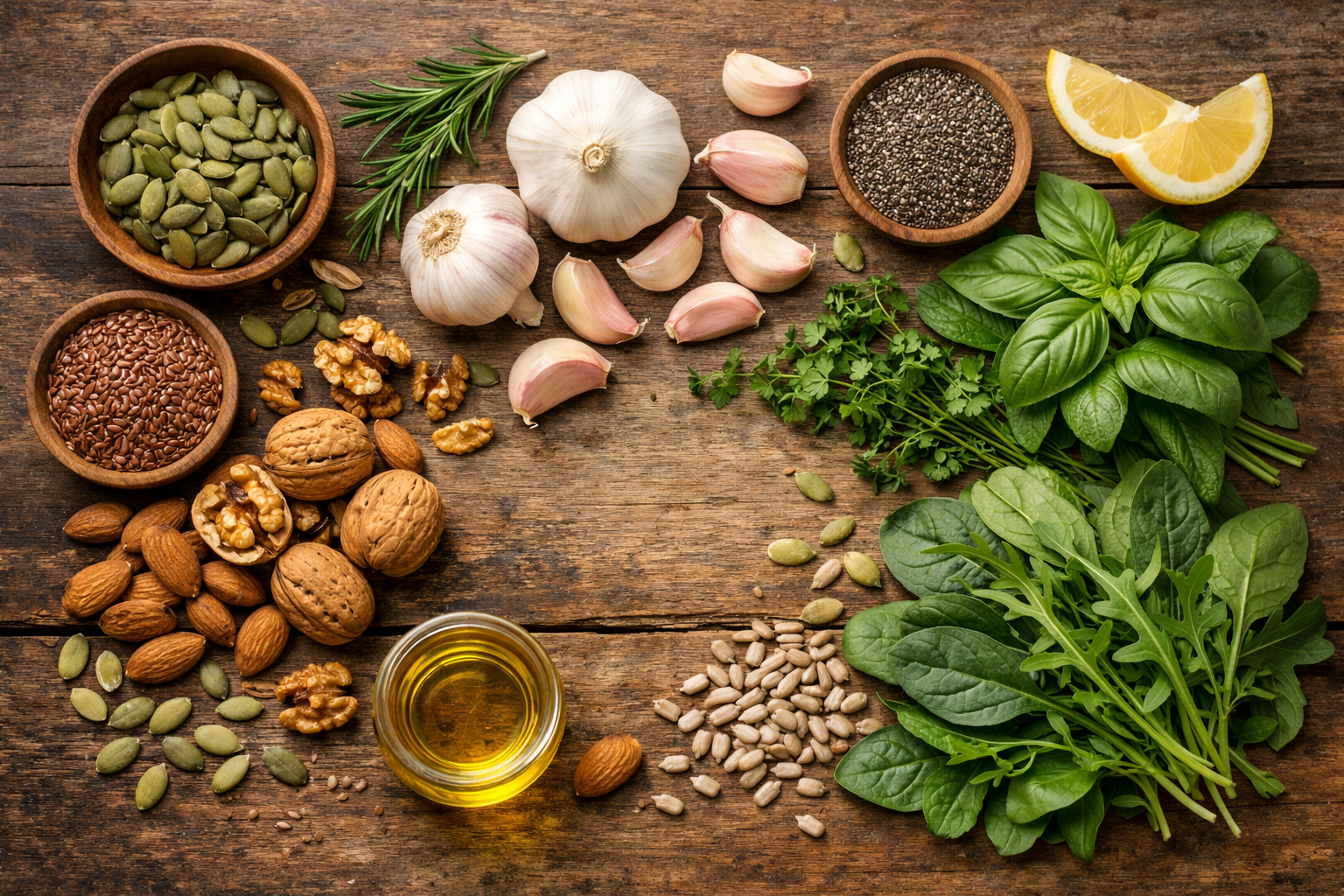 Flat lay composition of natural ingredients including garlic cloves, fresh herbs, leafy greens, nuts and seeds on a rustic wooden surface, soft natural lighting, wellness and nutrition theme
